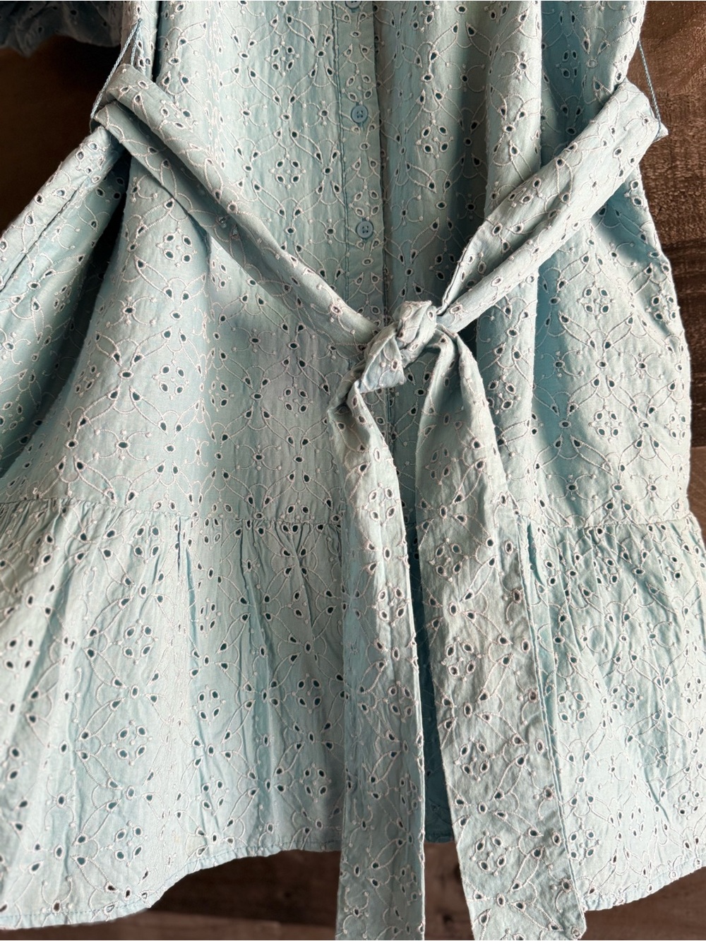 Light Blue Eyelet Shirt Mini Dress with Tie Waist - Picture 3 of 12